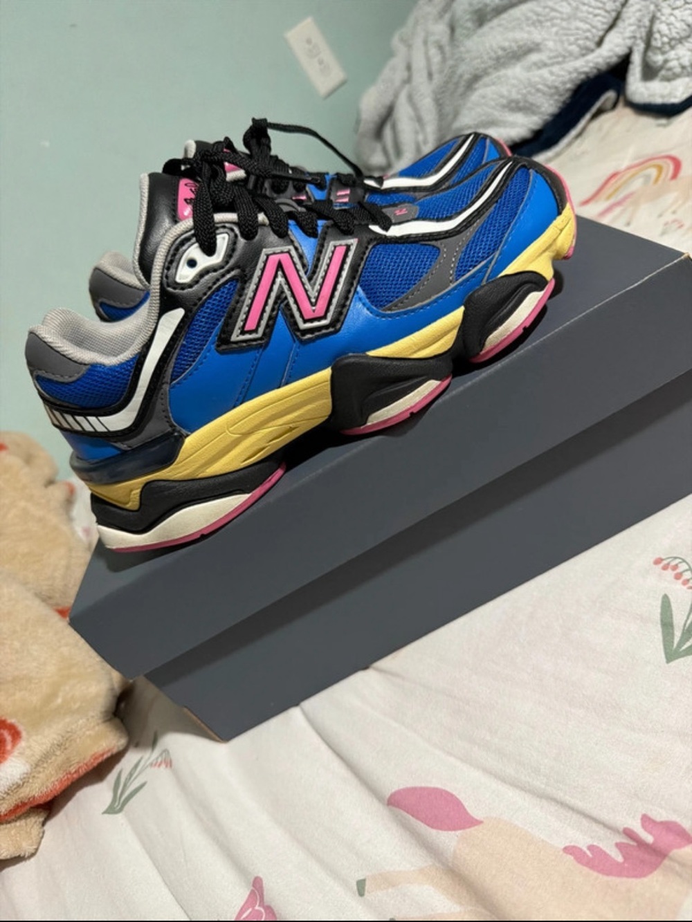 New Balance Kids Royal Blue Sneakers with Pink and Yellow Accents